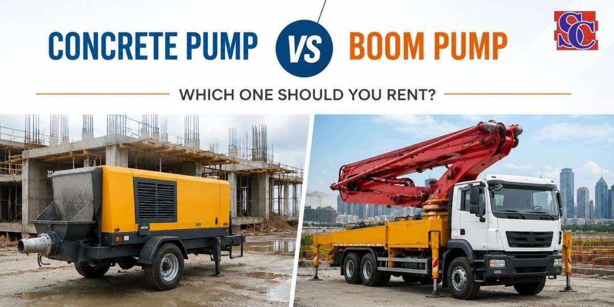 Comparison of concrete pump vs boom pump used in construction projects for efficient concrete placement and rental services in Delhi