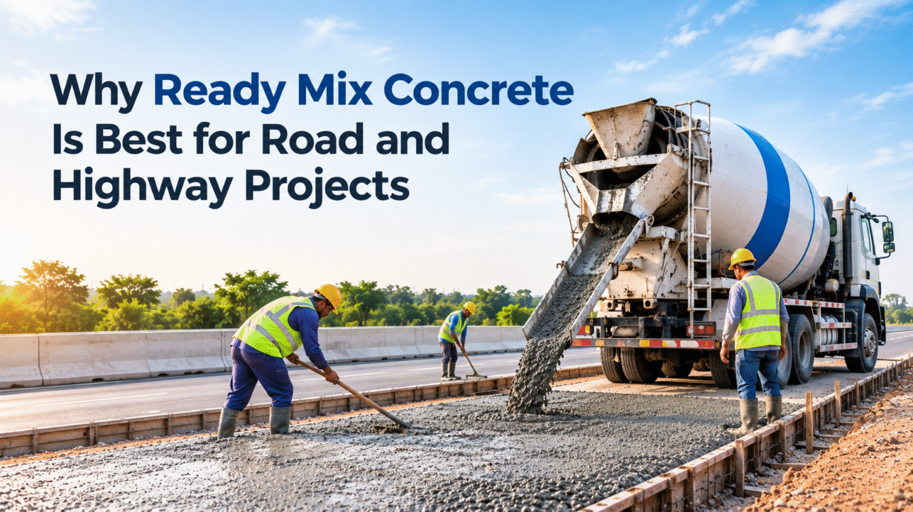 Ready mix concrete truck pouring concrete for road and highway construction projects