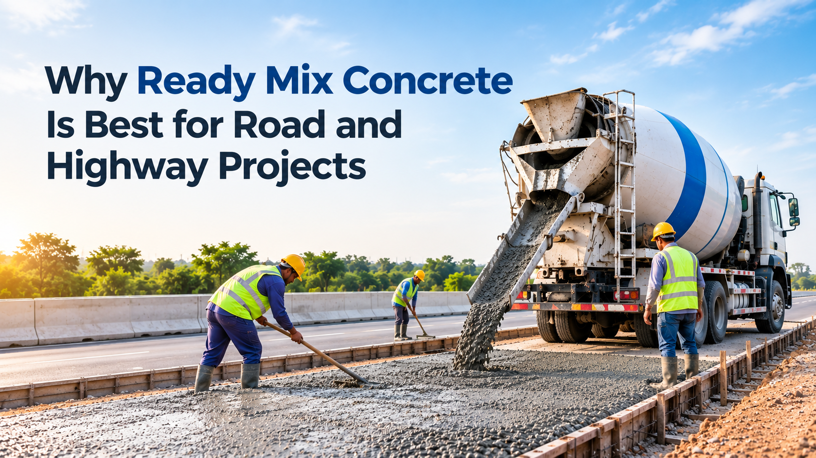 Ready mix concrete truck pouring concrete for road and highway construction projects